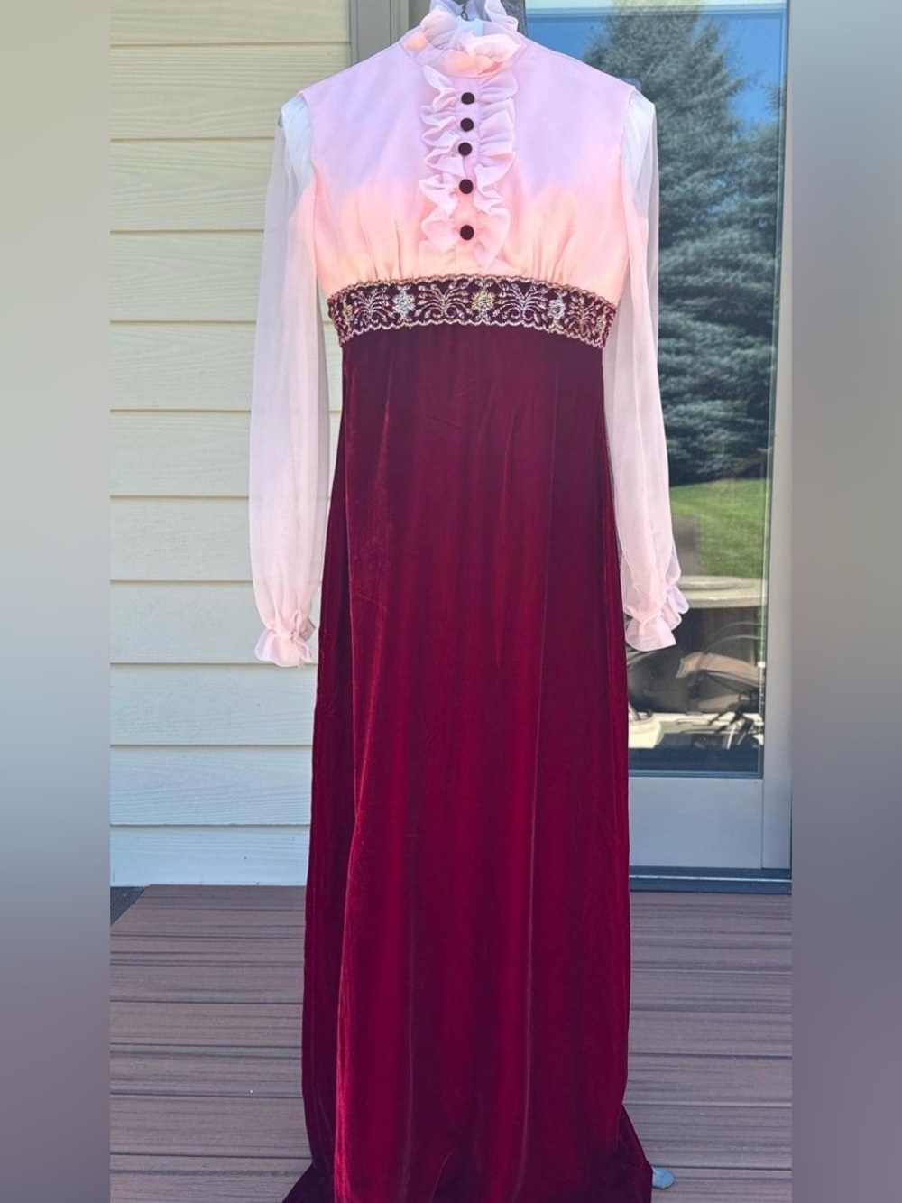 Vintage 1960 Burgundy Velvet Maxi Dress with Pink Bodice